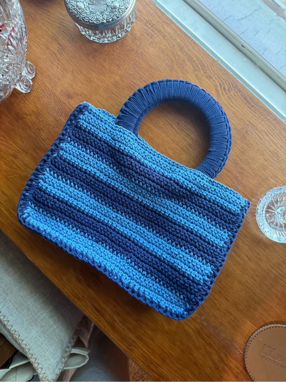 J. Crew Blue Striped Crochet Top-Handle Tote